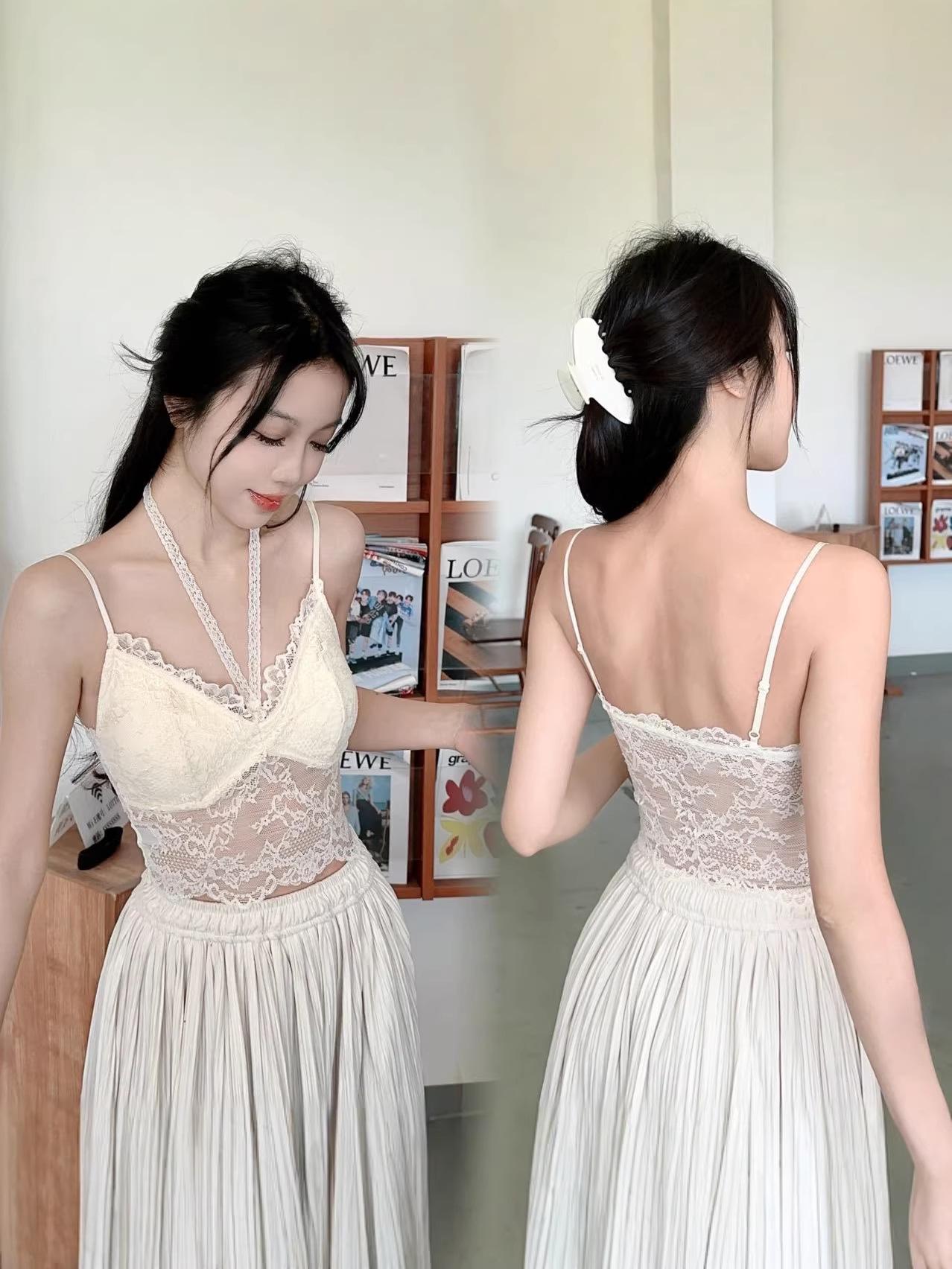 French Lace Halter Camisole for Women: Autumn/Winter Chic & Slimming Design M (100-120 Jin) чёрный