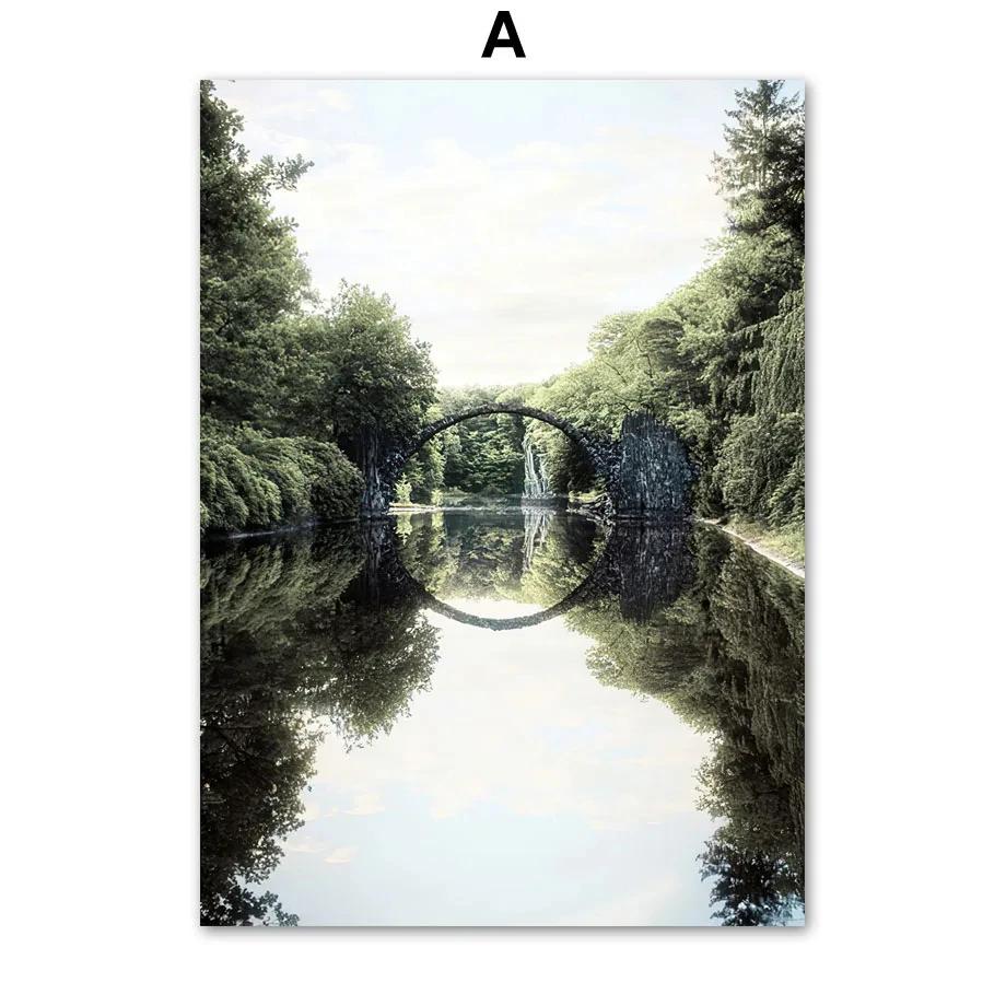 Lake Bridge Mountain Forest Grass Boat Wall Art Canvas Painting Nordic Posters And Prints Wall Pictures For Living Room Decor