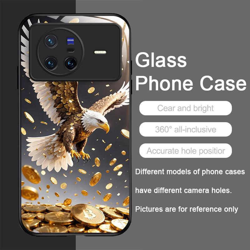 Stylish Eagle Golden Diamond Pattern Tempered Glass Phone Case for OPPO Reno 13 F 12 11 10 Pro Plus Find X8 X3 Lite A58 5G Cover