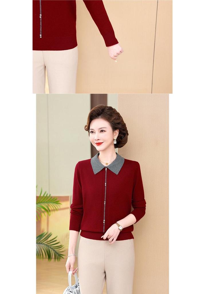 Elegant Knit Lapel Sweater for Middle-aged and Elderly Women—Long Sleeve Base Layer for Spring and Autumn