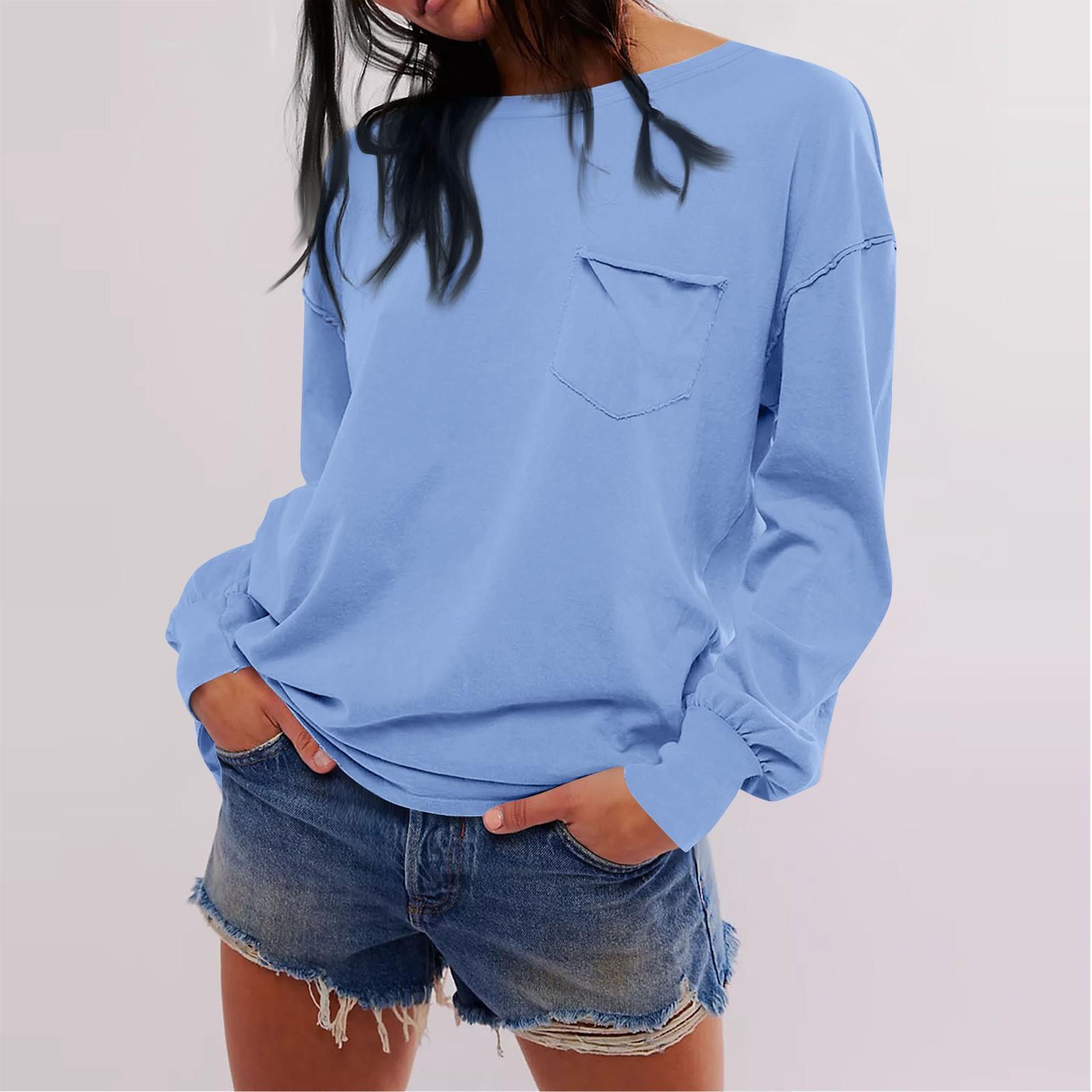 

Women s Fashion Color Round Neck Long Sleeve Pocket Loose T-shirt Top M синий
