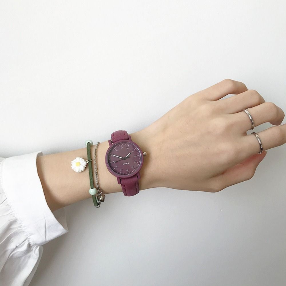 Solid Colo Girls Leather Wrist Watch Classic Women's Quartz Watch Clock Candy Color   Gift