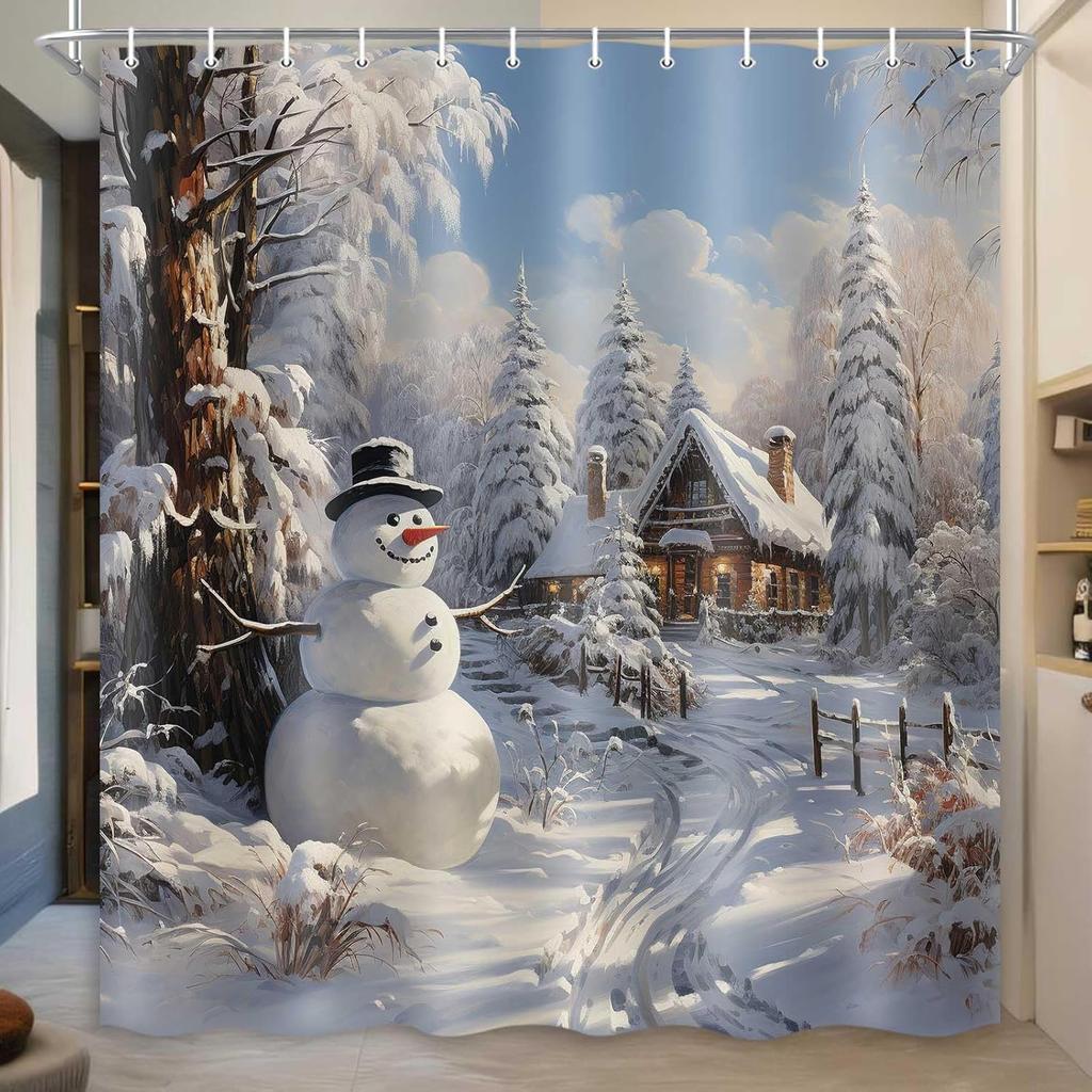 MERCHR Christmas Snowman Shower Curtain, Winter Snow Trees Rustic Farmhouse Bathroom Curtains, Durable Waterproof Fabric Bathtub Sets Home Decor 71 x