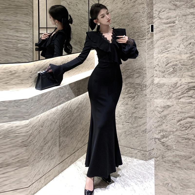 

Женское сексуальное облегающее платье-рыбий хвост с V-образным вырезом и кружевом L