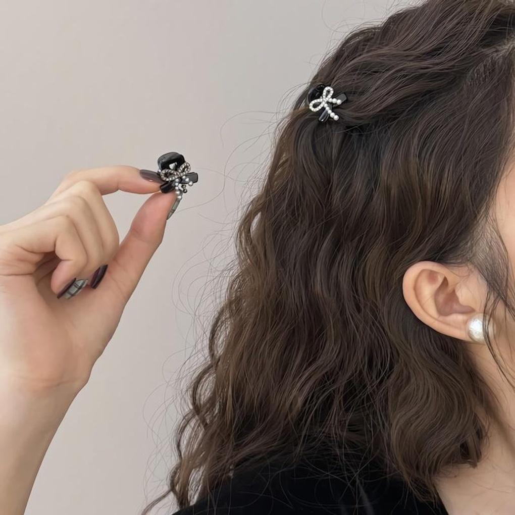 Women s Q-Sticker Pearl Ribbon Mini Small Hair Clip Gray 1p