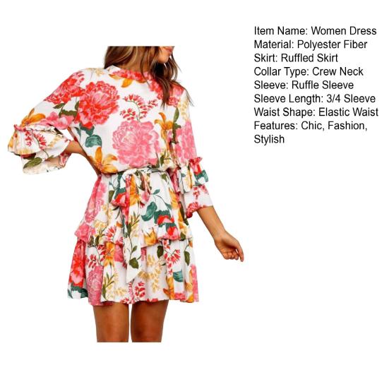Women's Floral Print Short Dress Crew Neck 3/4 Ruffle Sleeve Swing Dress with Belt Boho Tiered Ruffle A-Line Flowy Mini Dress