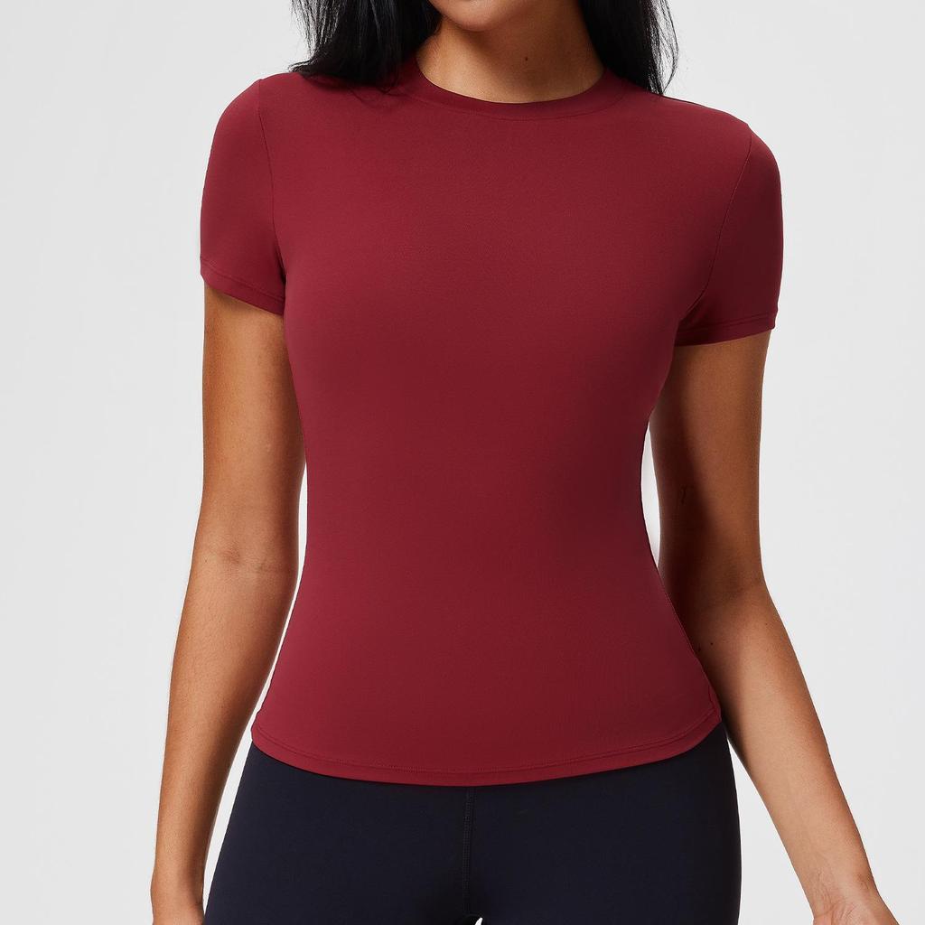 Damen Nude-Feeling Amerikanischer Stil Schnelltrocknendes Kurzarm-T-Shirt - Schlankmachendes Yoga-, Sport-, Fitness- und Laufoberteil