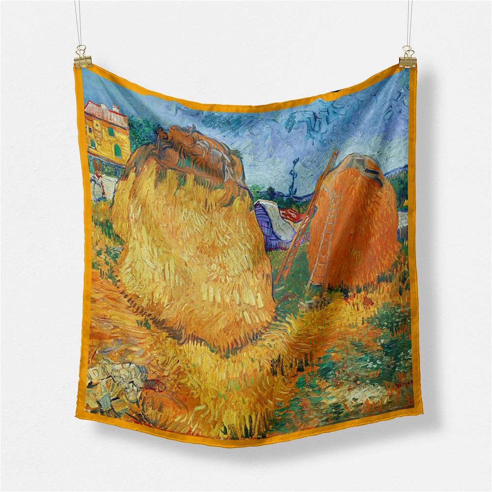 Famous Oil Painting Women Scarf Wraps Twill Silk Scarf 53cm Square Scarves Fashion Head Scarf Hijab Neckerchief Bandana New