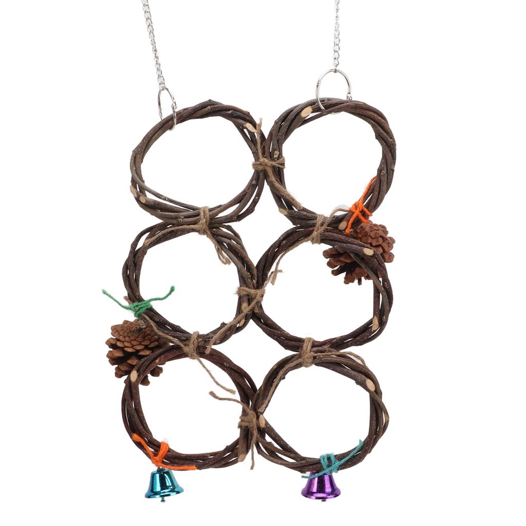 Bird Hanging Swings Toy Wooden Parrot Swing Circle Ring Toy Climbing Net with Bells6 Rings
