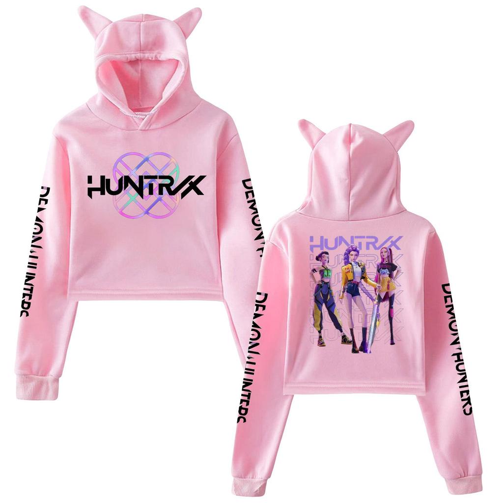 KPop Demon Hunters Cat Ears Cropped Hoodie Long Sleeve Mira Rumi Zoey Printing Sweatshirt Crop Top Women's Hoodies