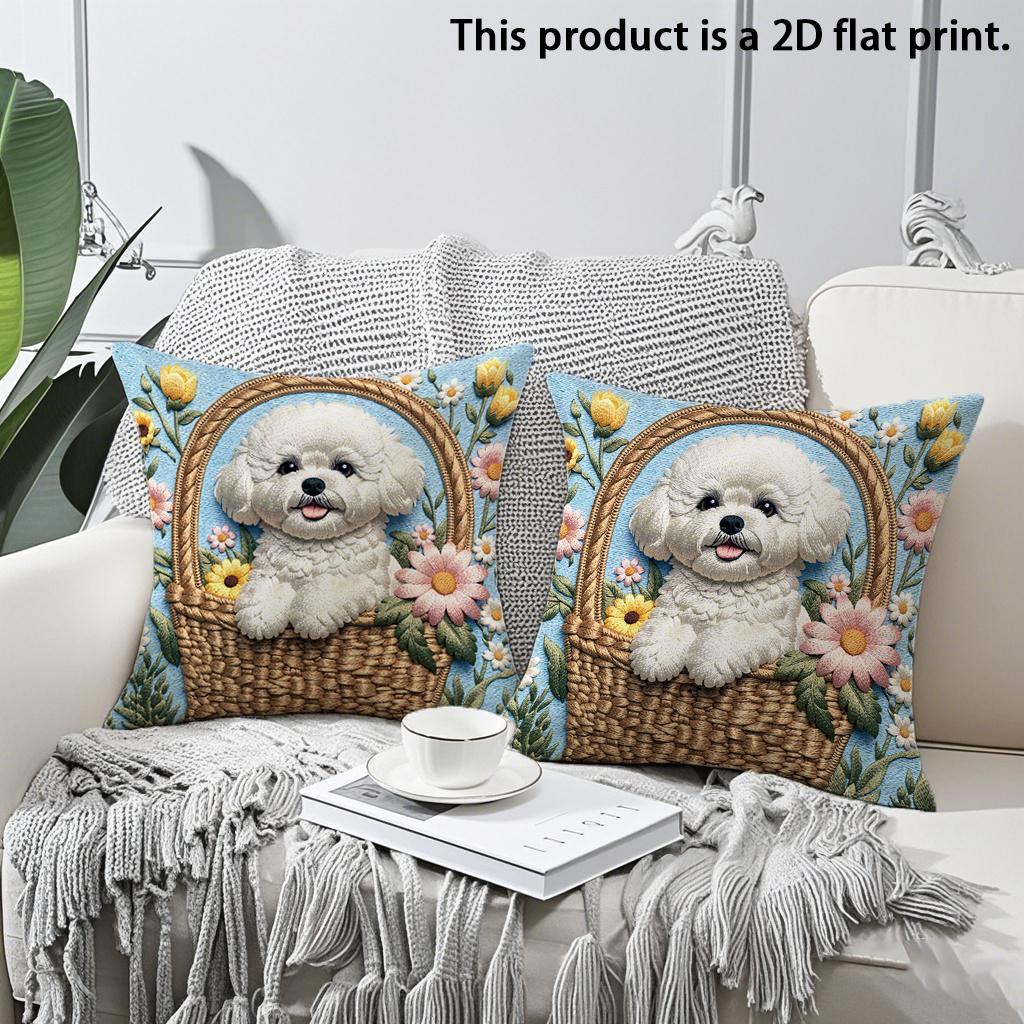 

2pcs Cute Bichon Frise in Flower Basket Throw Pillow Covers 2Pcs Soft Decorative Pillowcases for Sofa Bedroom Living Room 45x45cm-2pcs