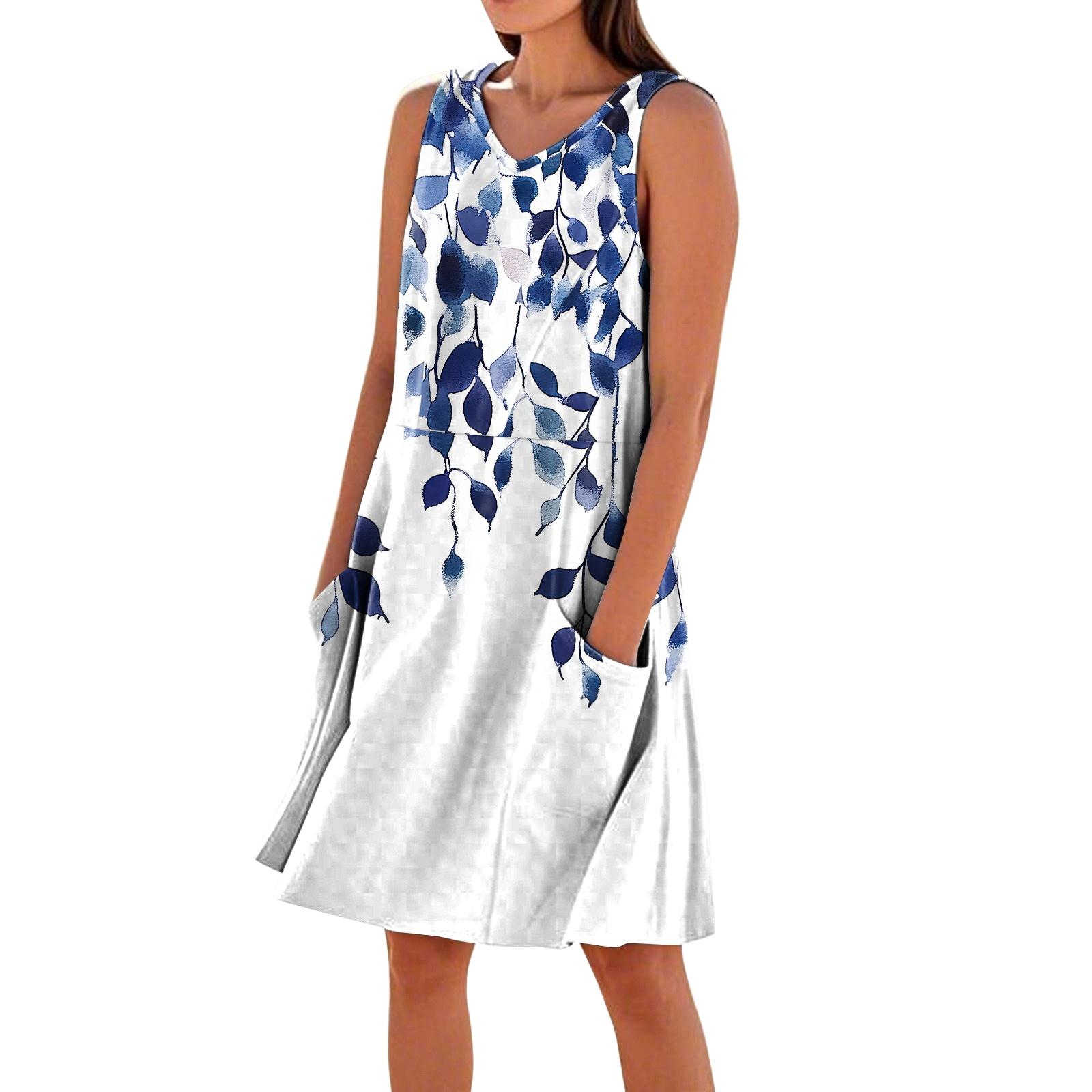 Women s Casual Printed Sleeveless V-Neck Pocket Dress XL