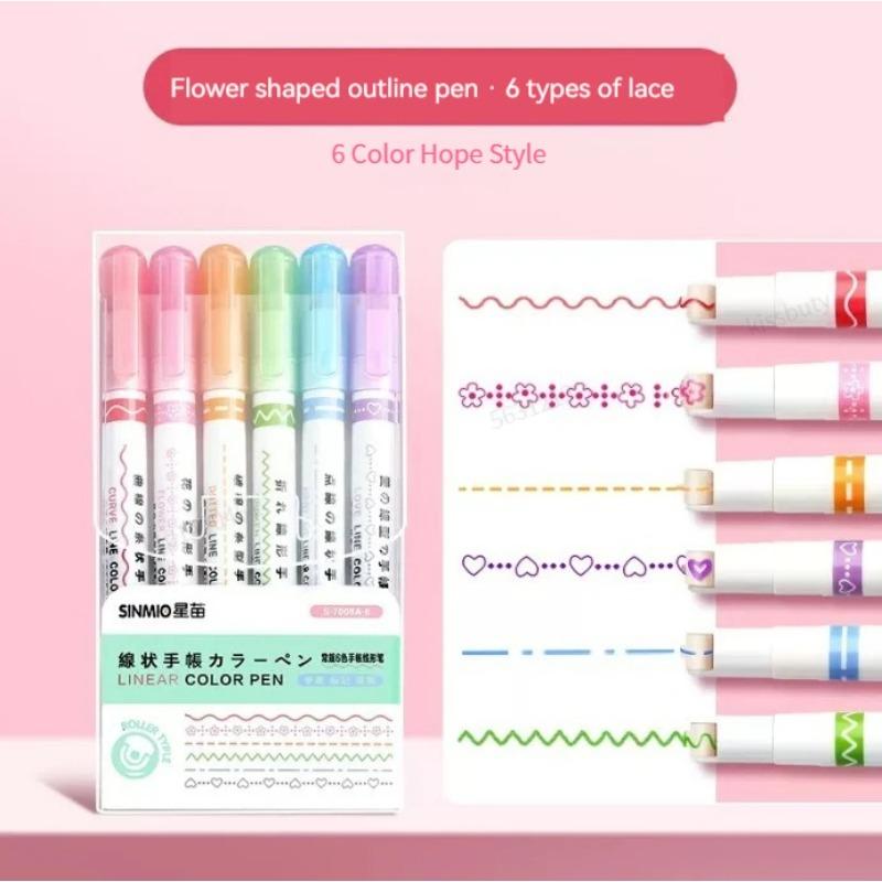 6pcs Line Shaped Highlighter Roller Tip Curve Liner Marker Pens Graffiti Pen Kawaii Korean Stationery School Office Supplies
