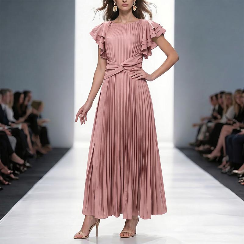 ZANZEA Women Casual Round Neck Ruffles Short Sleeve Loose Pleated Long Dress