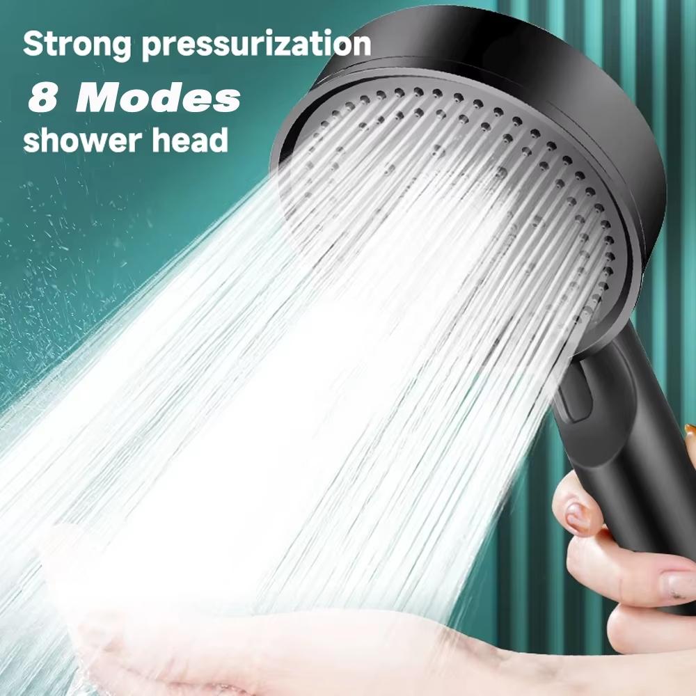 8 Modes High-Pressure Shower Head Fall Resistance Black Handheld Showerhead Water Saving Bathroom Shower Accessories Tool Parts