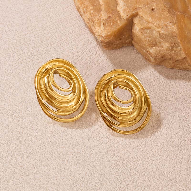 Stainless Steel Metal Oval Line Stud Earrings For Women Exaggerated Gold Color Geometric Earrings Jewelry Accessories