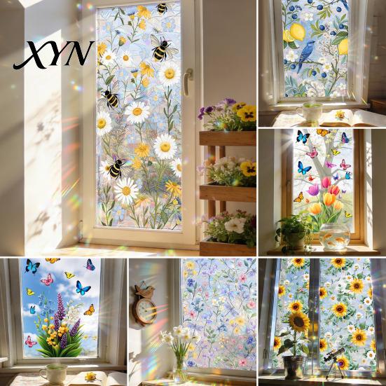 Removable Heat Control Film Sun Catcher Static Window Film, Flower Butterfly Self-Adhesive Glass Sticker, Decorative Privacy Screen for Windows Cling