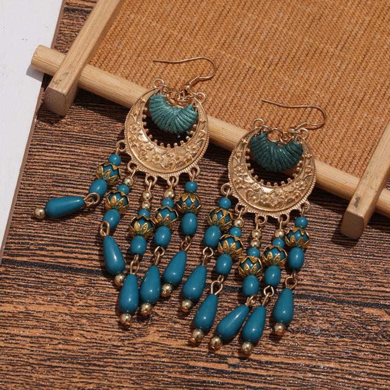 Bohemian Crescent Moon Miyuki Seed Bead Tassel Earrings - Long Ethnic Style Ear Hooks