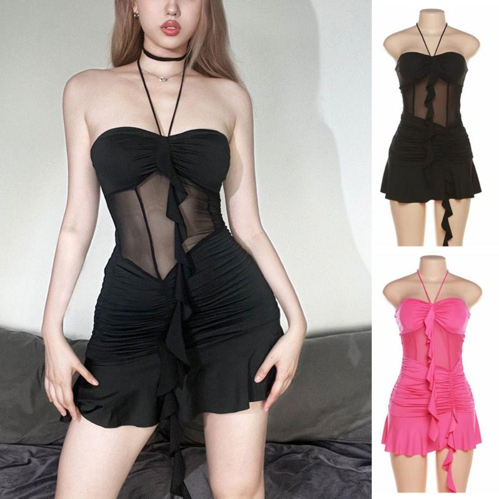 Sleeveless Women Halter Neck Dress Transparent Halter Camisole Dress  Spring Summer