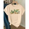 Elegant Women's Clothing with Green Plant and Potted Plant Prints, a High-value Gift, Round Neck, Short-sleeved for Spring, Summer, and Autumn T