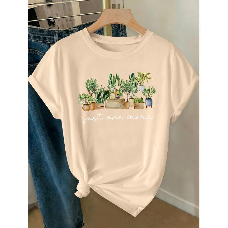 Elegant Women's Clothing with Green Plant and Potted Plant Prints, a High-value Gift, Round Neck, Short-sleeved for Spring, Summer, and Autumn T