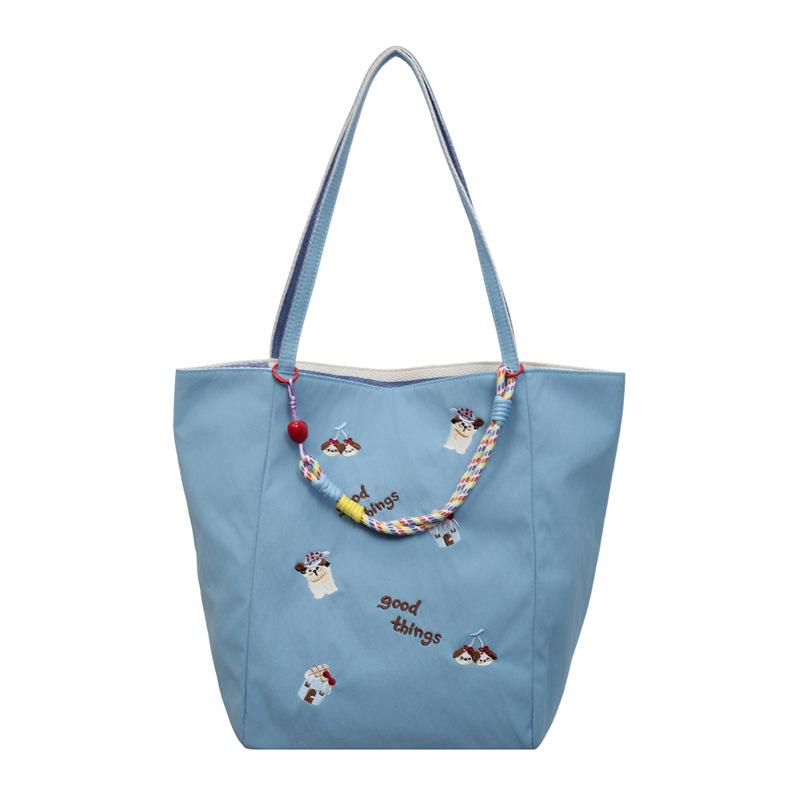 Japanese And Korean Style Casual Canvas Bag Cute Cartoon Embroidered Canvas Bag Women'S Large-Capacity Portable Shoulder Bag Commuting Class