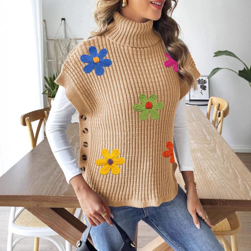 Women's Spring Autumn New High Collar Casual Pullover Sweater Vest Button Decorative Top