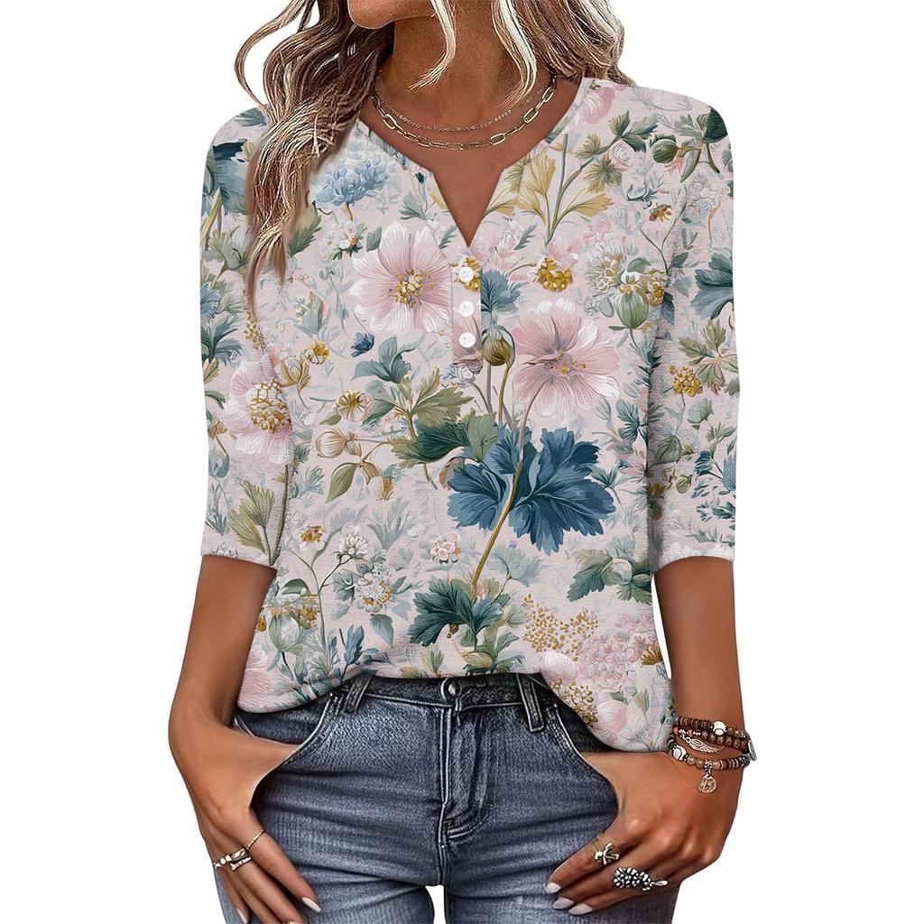 Women's Fashionable Casual Retro Floral Print V-Neck Button-Down Three-Quarter Sleeve T-Shirt Top
