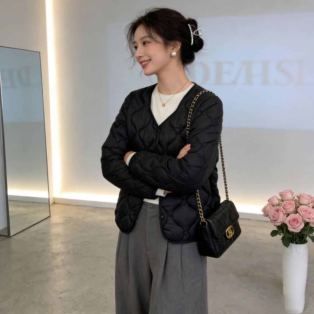 Light and short rhombus cotton-padded clothes for women's autumn and winter new V-neck liner cotton clothes jacket for small people to keep