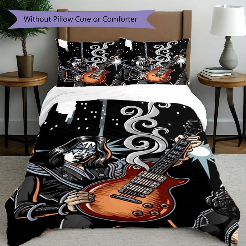 3pcs Duvet Cover Set (1*Duvet Cover + 2*Pillowcase, Without Core), Kiss Rock and Roll Print Bedding Set, Bedroom Decor, All‑Season, Birthday Gift