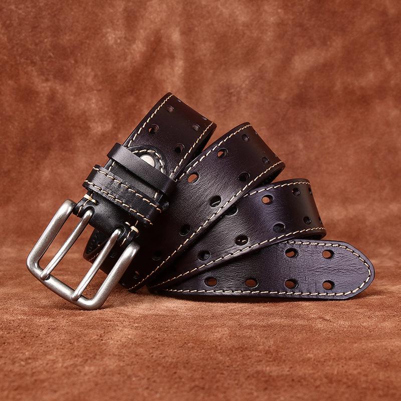 

Мужской кожаный ремень Ретро мода и персонализированный модный универсальный первый слой коровьей кожи с двойной пряжкой Кожаные джинсы Мужской ремень 120cm