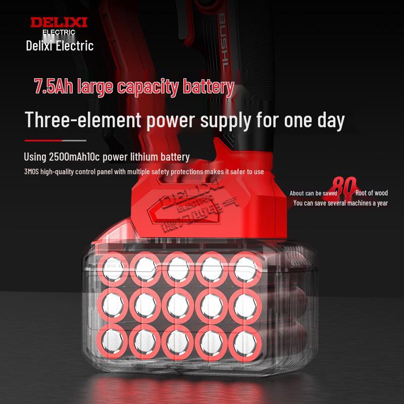 Delixi Rechargeable Brushless Electric Chainsaw with Lithium Battery - Handheld Garden Pruning and Felling Tool for Fruit Trees.