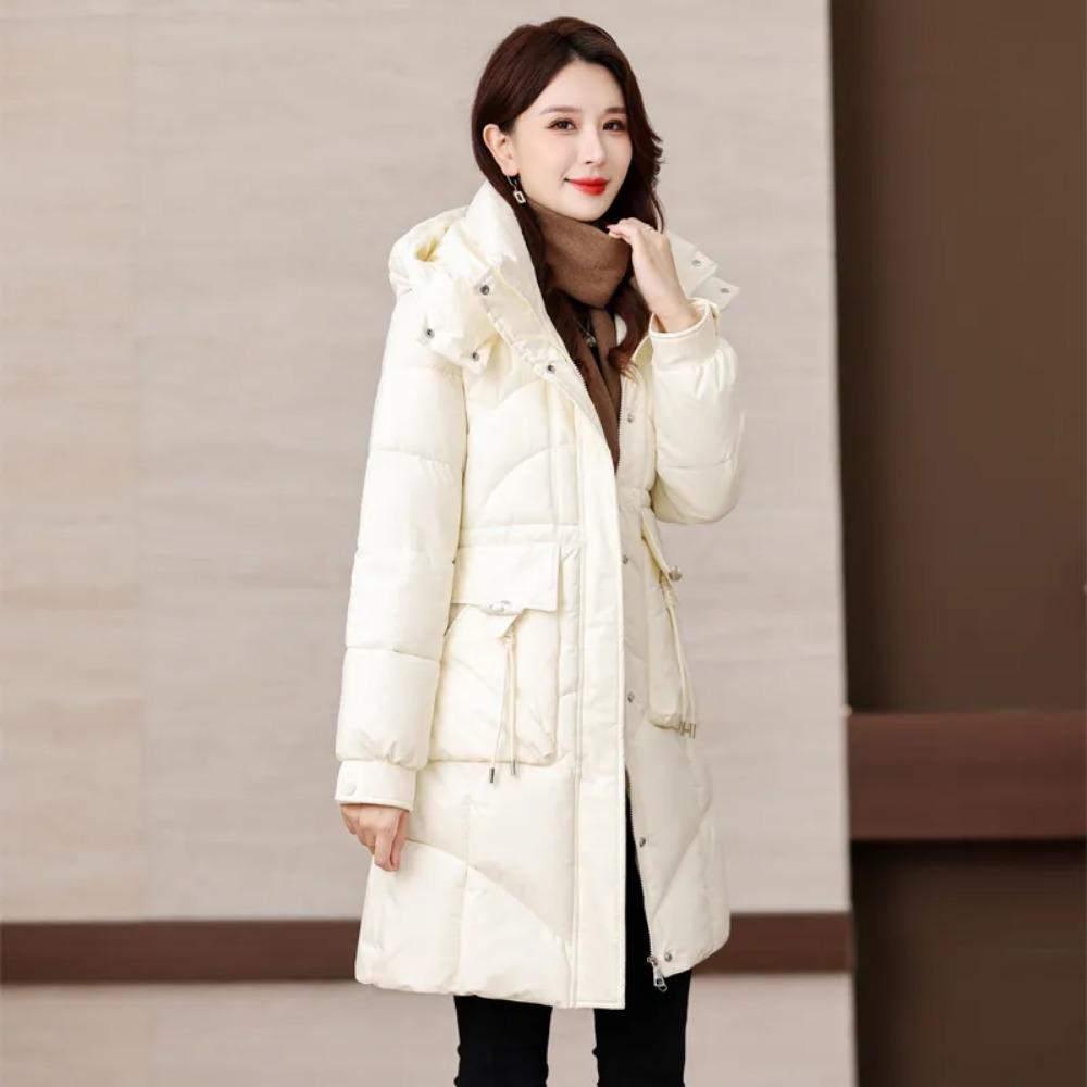 Women's Mid-Length Hooded Padded Jacket for Winter - Thick, Waist-Fitted with Horn Buckle, Ideal for Middle-Aged Mothers