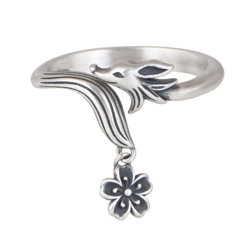 Adjustable Fox Ring Women Vintage Bohemian Style Copper Silver-Plated Open Band Jewelry