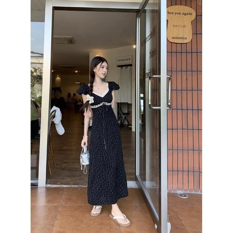 

Womens Polka Dot Lace Trim Puff Sleeve Midi Dress S чёрный