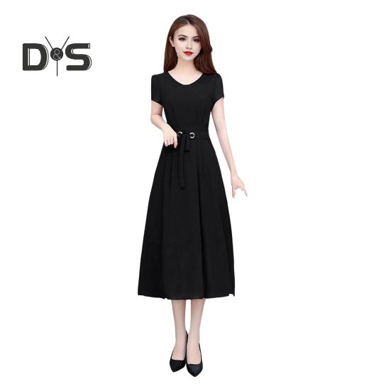 Summer Lady Dress Round Neck A-line Short Sleeves Slim Waist Plus Size Pure Color Slim Fit Mid-calf Length OL Commute Midi Dress
