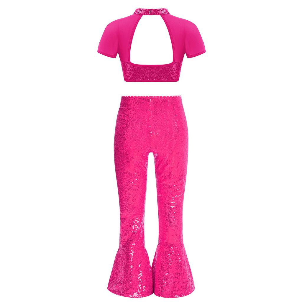 Girls Performance Costume Short Sleeve Mesh Patchwork Cutout Back Sequins Crop Top Sequin Zipper Bell Bottomed Pants