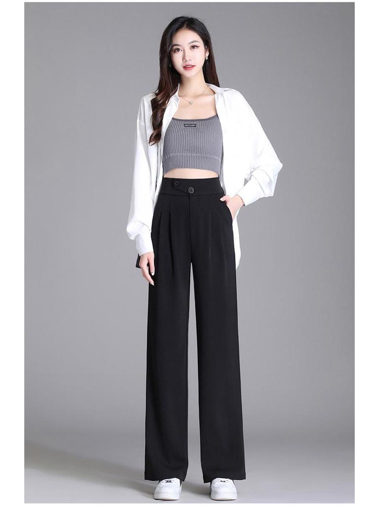 Spodnie damskie z wysokim stanem i szerokimi nogawkami – nowy styl na wiosnę/jesień, dopasowane, zwiewne, sięgające do ziemi.