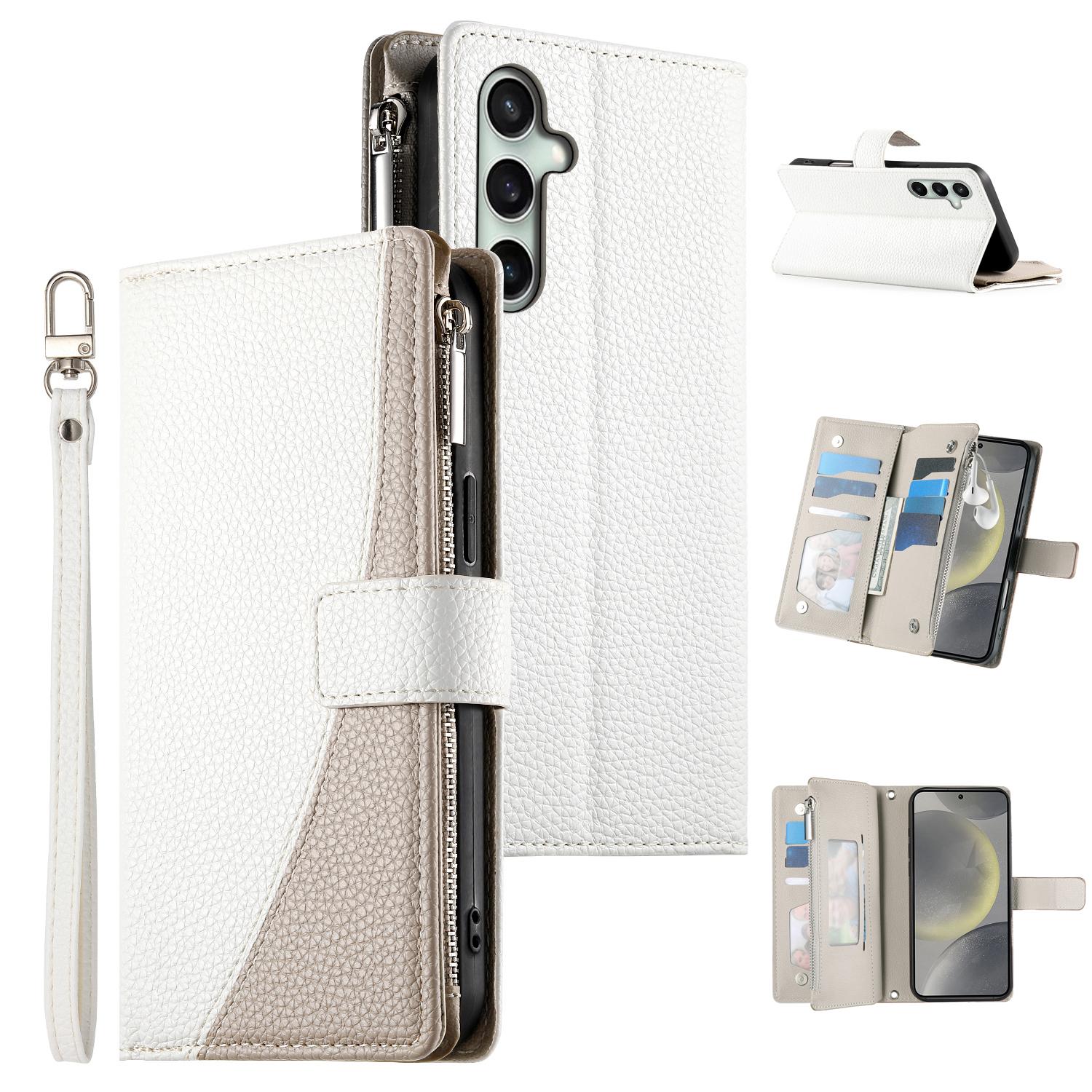 

For Samsung Galaxy S25 FE Case Zipper Wallet Color Splicing Leather Flip Phone Cover with Straps White