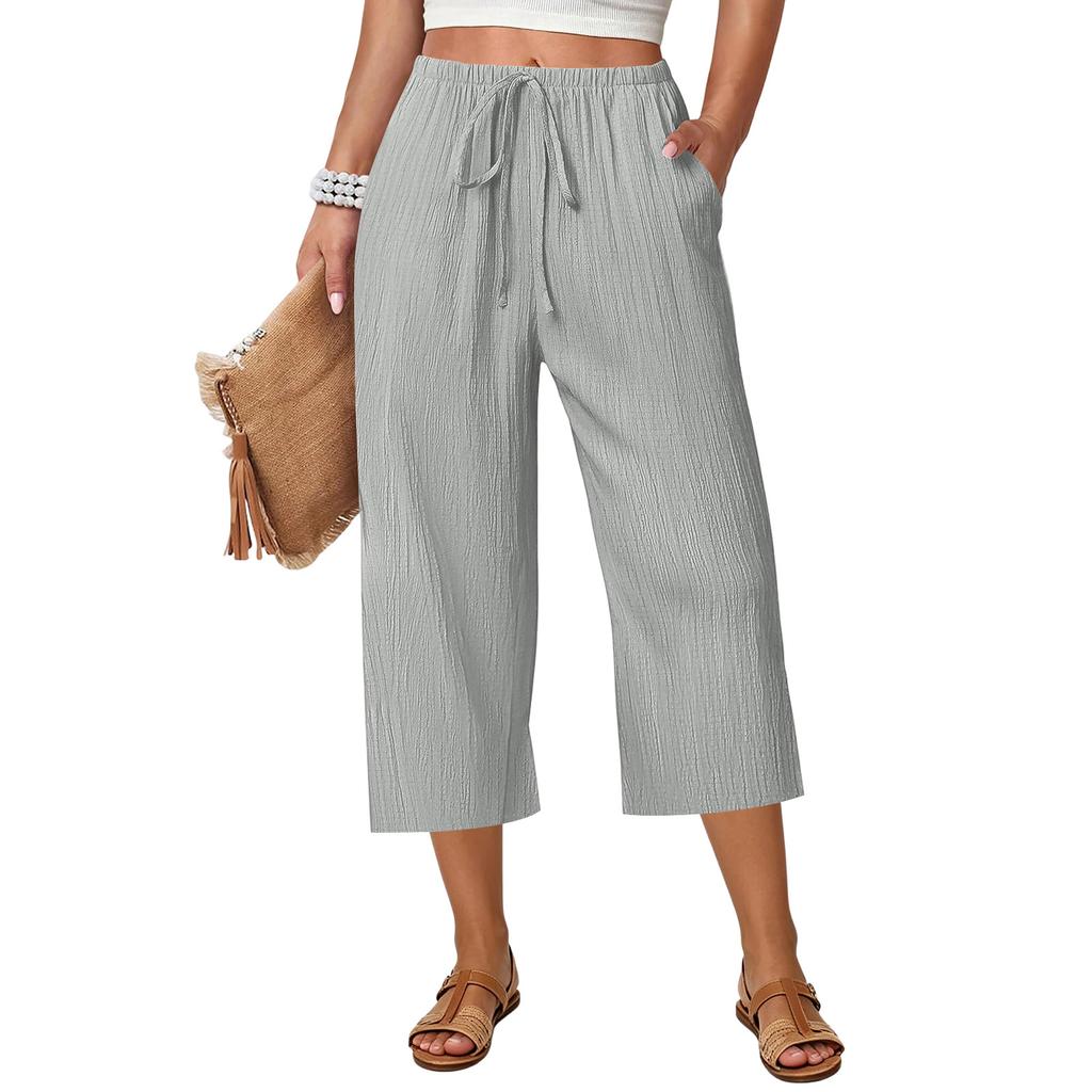 Women Drawstring Waist Wide Leg Pants Loose Fit Cropped Trousers Lightweight Elastic Waistband Casual Style