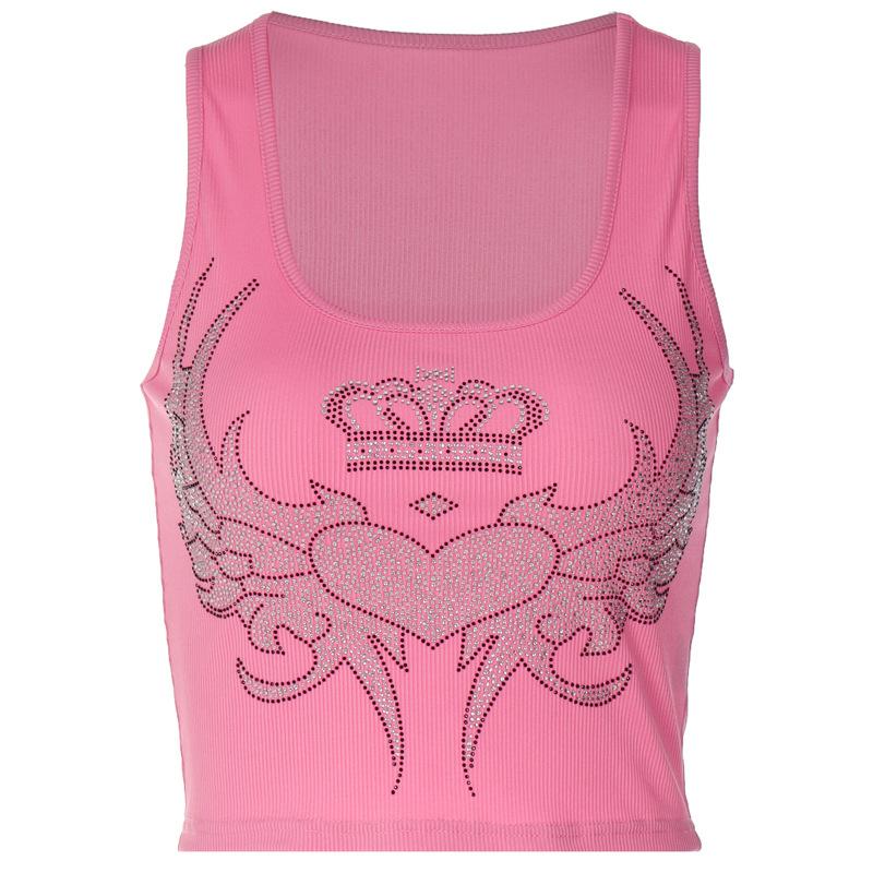 Damen Crop Top Love Wings Strass Weste Rosa ärmelloses Tank Top