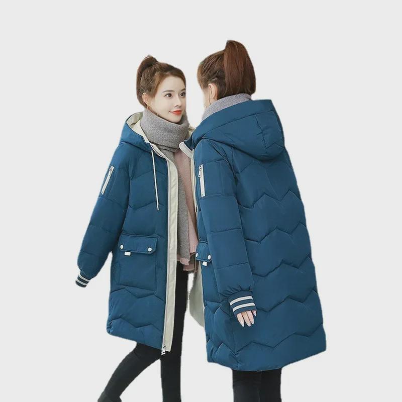 Women's Solid Color Korean Style Down Jacket - Medium To Long, Thickened, Loose Fit, Stand Collar, Cold-Proof, Large Size.