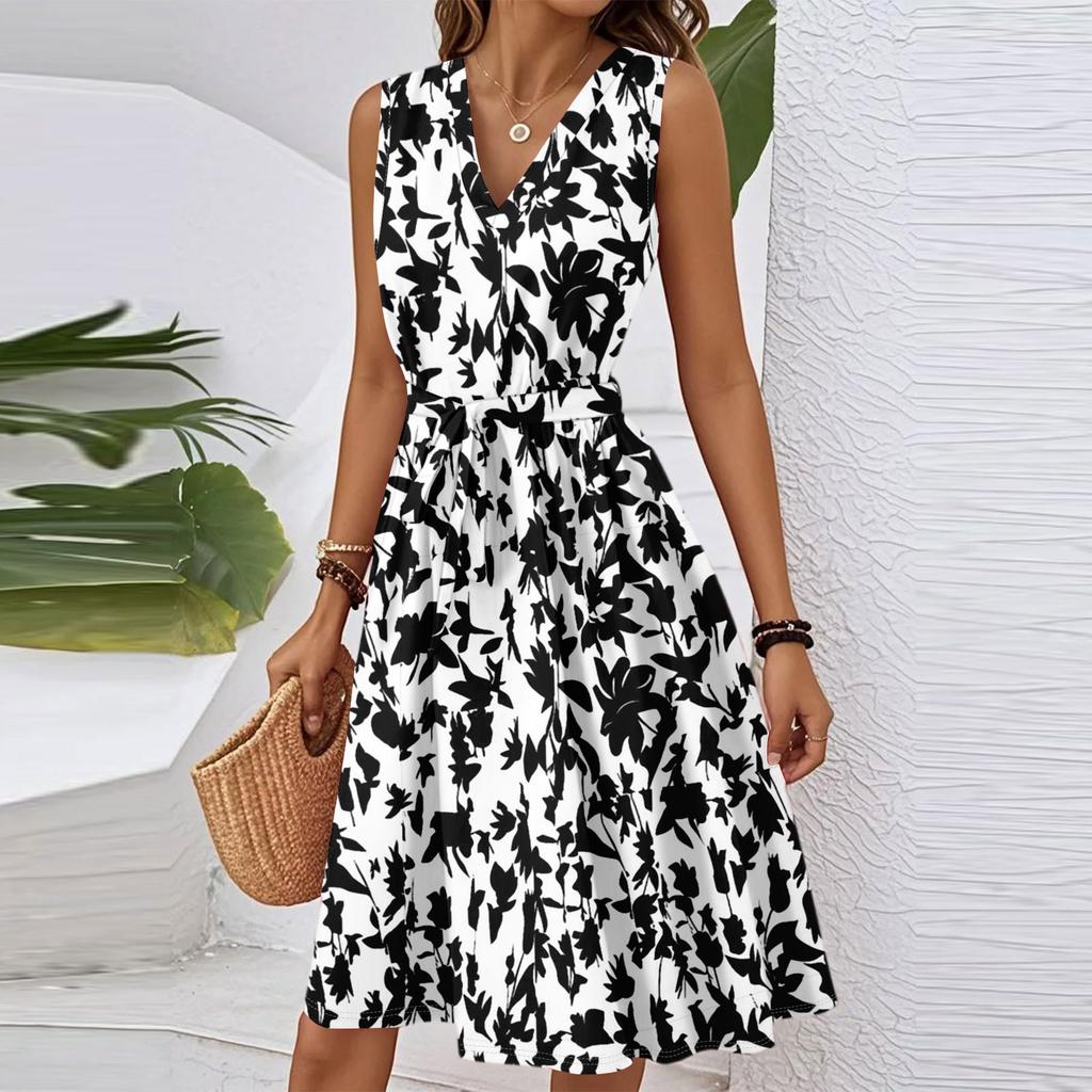 Dame Vår- og Sommer Casual V-hals Ermeløs Midje Blomstertrykk Midi Kjole