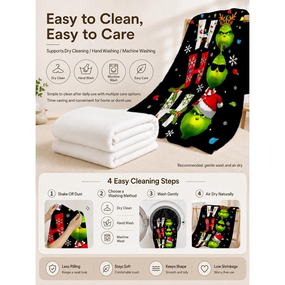 Ho Ho Ho Merry Grinch Christmas Theme Cartoon Flannel Blanket Soft Warm Throw Blanket For Office Sofa Lightweight Home Decor Memorial Gift
