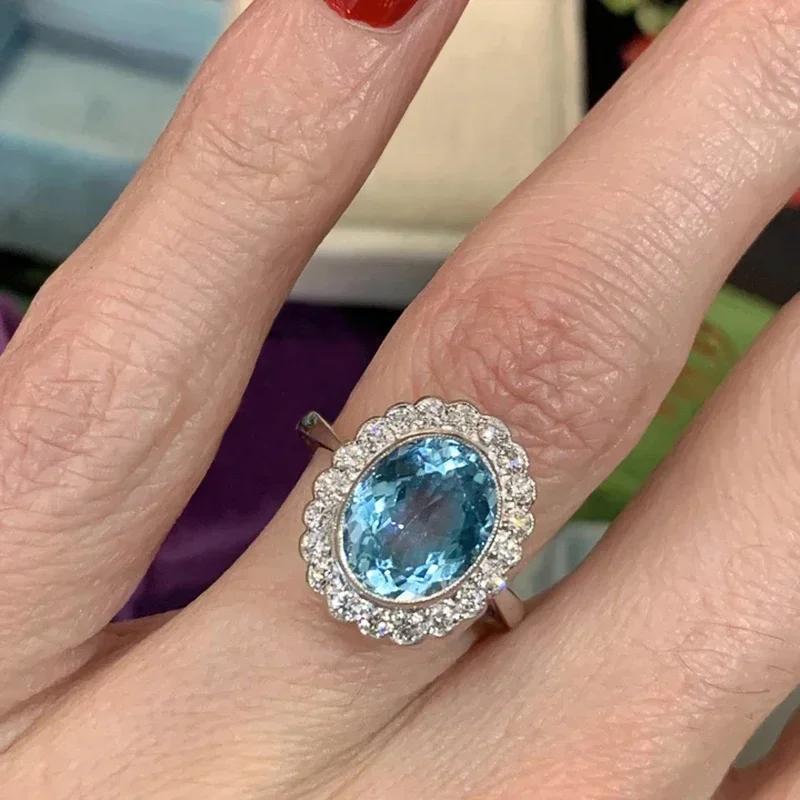 New Gorgeous Oval Sky Blue CZ Rings for Women Bling Vintage Accessories Elegant Lady's Finger Party Jewelry