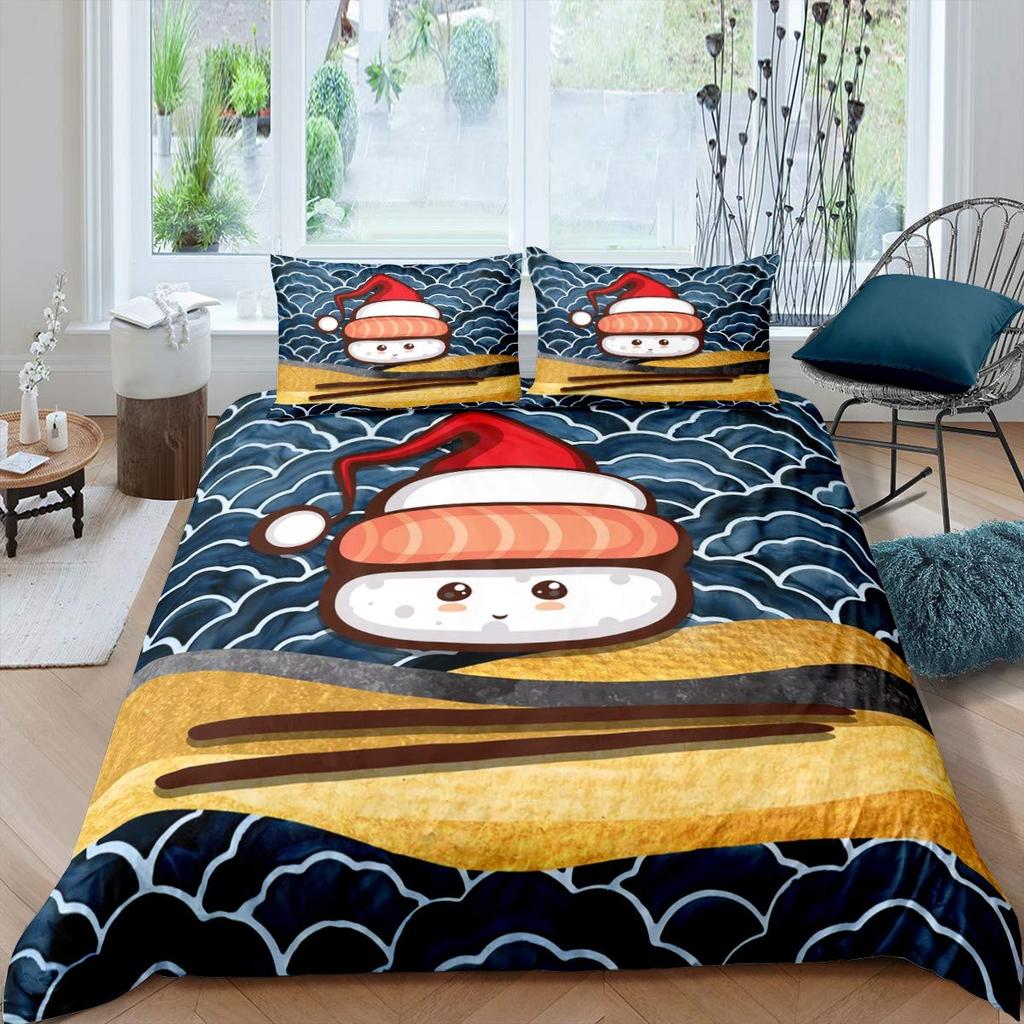 Japanese Sushi King Queen Duvet Cover Little Cat Bedding Set Novelty Cartoon Pet Animal Japan Food White Polyester Quilt Cover