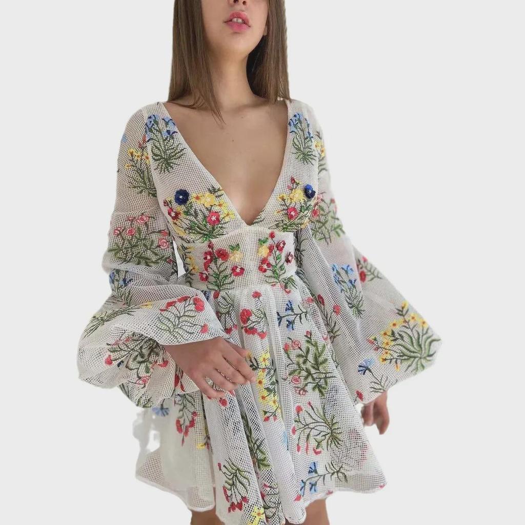 Rochie de zână cu mâneci felinar din plasă brodată pentru femei, Vara 2025, pentru petreceri de aniversare