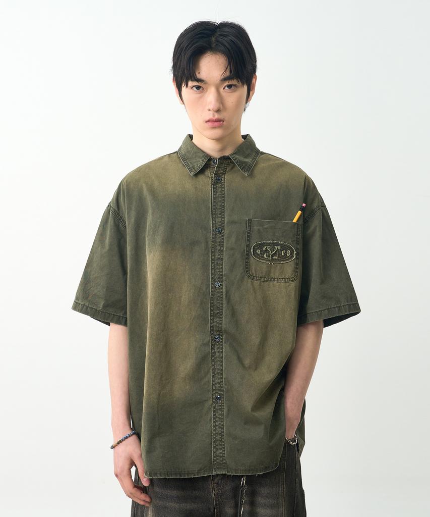 Dimiteulibeullaeg Vlad Cutoff Applique Fade Washed Short Sleeve Shirt_Olive