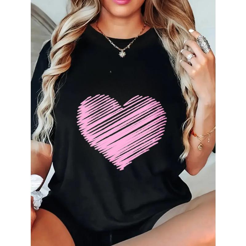 Oversized T Shirt Black Pink Heart Print Casual Wear For Women Summer Outfit Street Style Fashion Top
