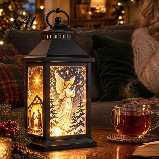 Winter Seasonal Lighting Interchangeable Crystal Lantern 4 Replaceable Holiday Scene Panels Night Light Cozy Fairy Light Lamp Theme Decorative